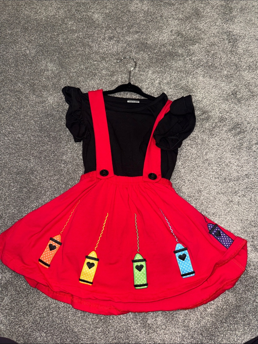 Girls Red Crayon Suspender Skirt with Black Top